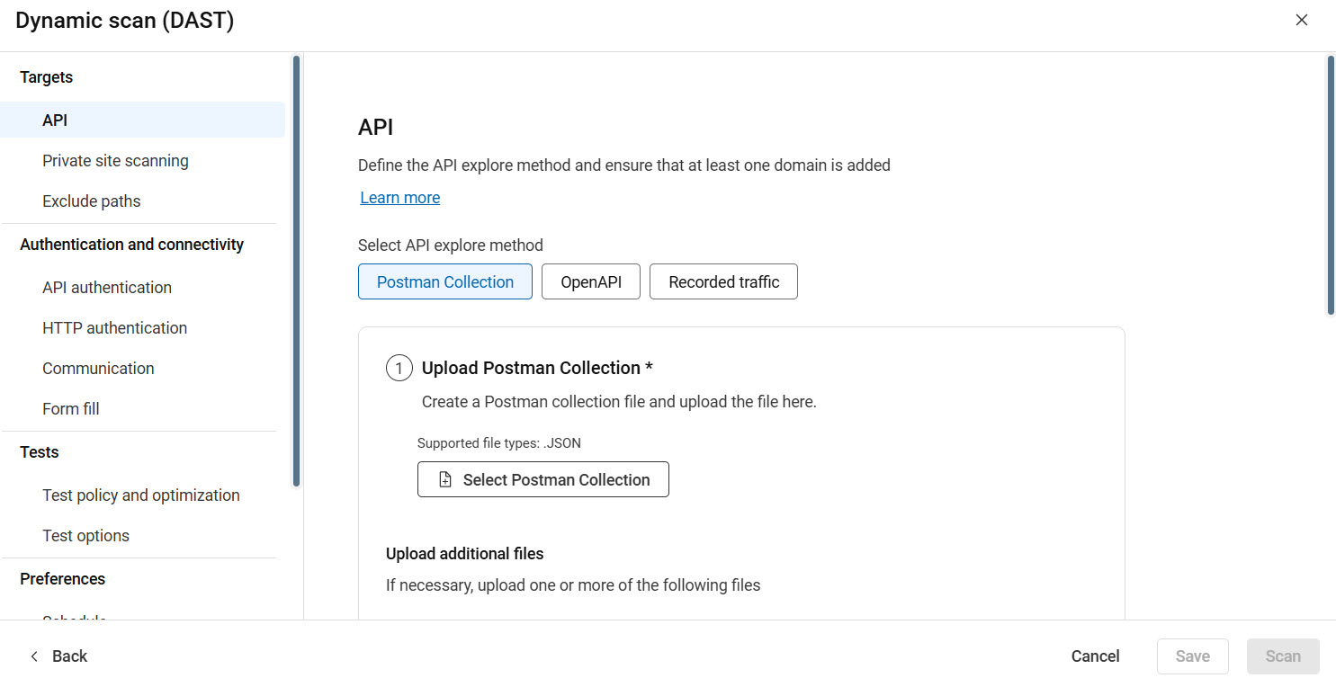 Create scan showing API explore configuration