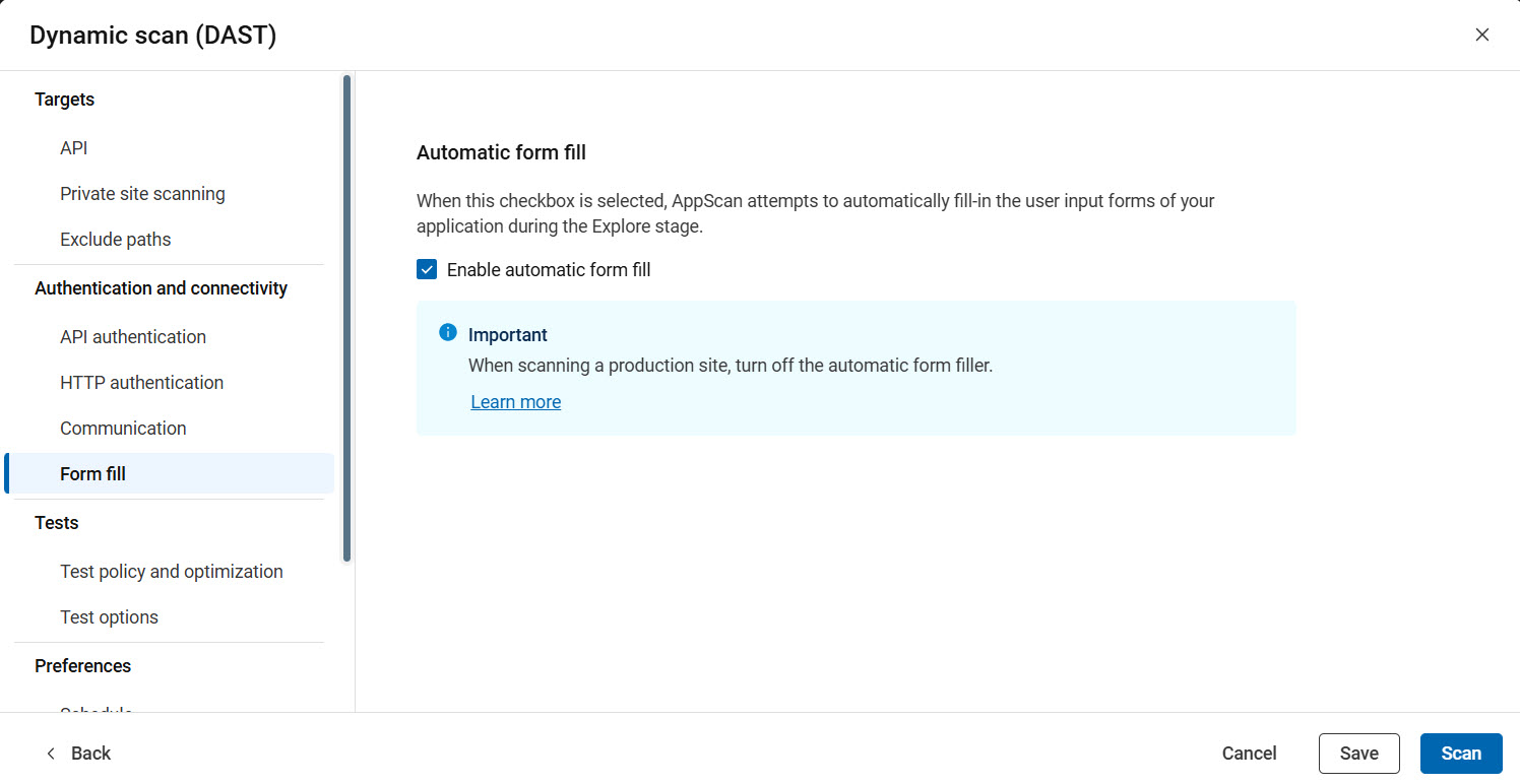 API configuration showing enable form fill option