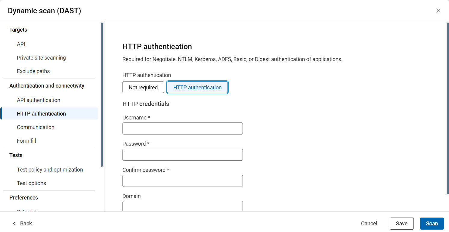 API configuration showing HTTP authentication options