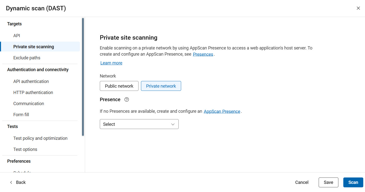 API configuration showing Private site scanning options