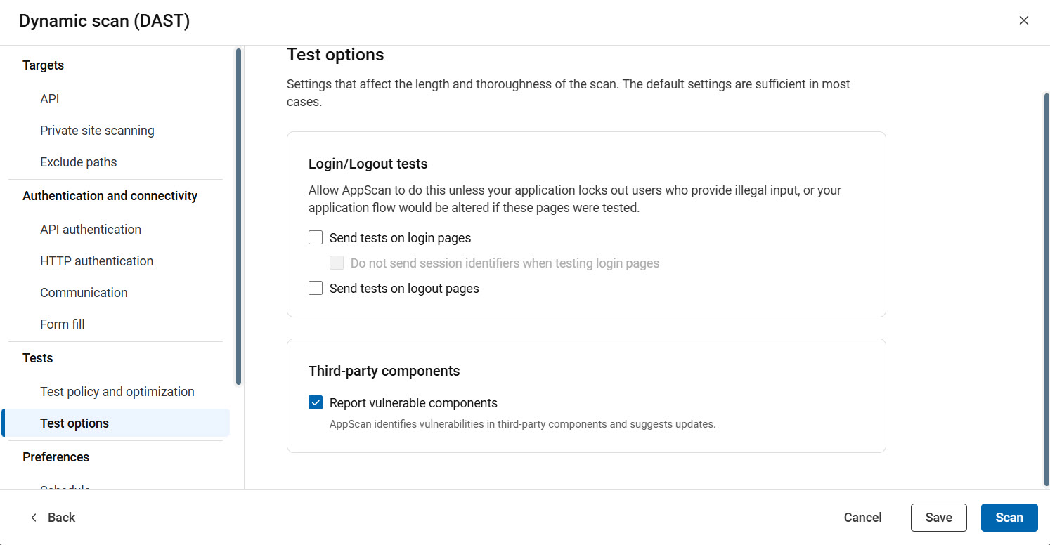 API configuration showing test options