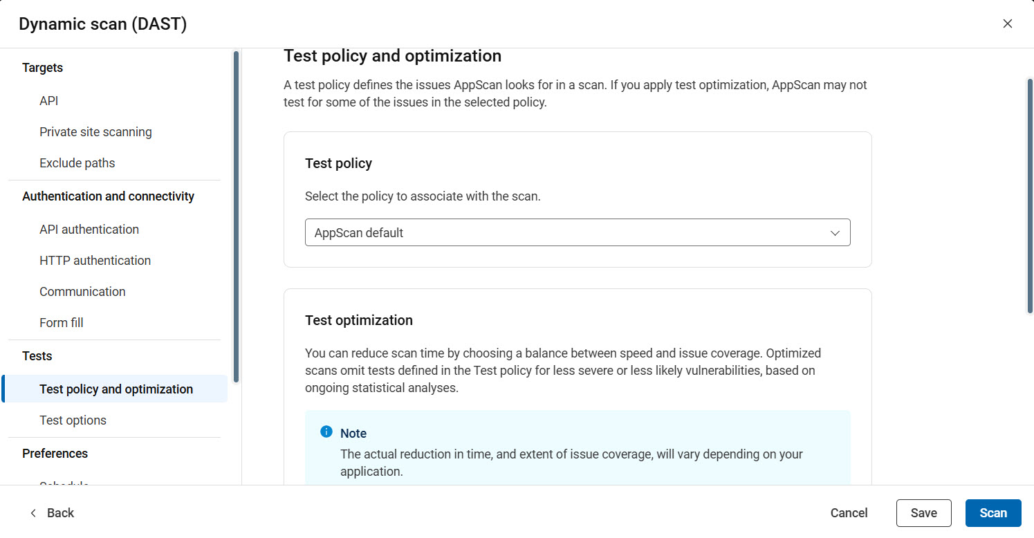 API configuration showing test policy and optimization options