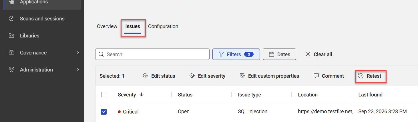 Scan Issues tab with one issue selected and the Retest action available.