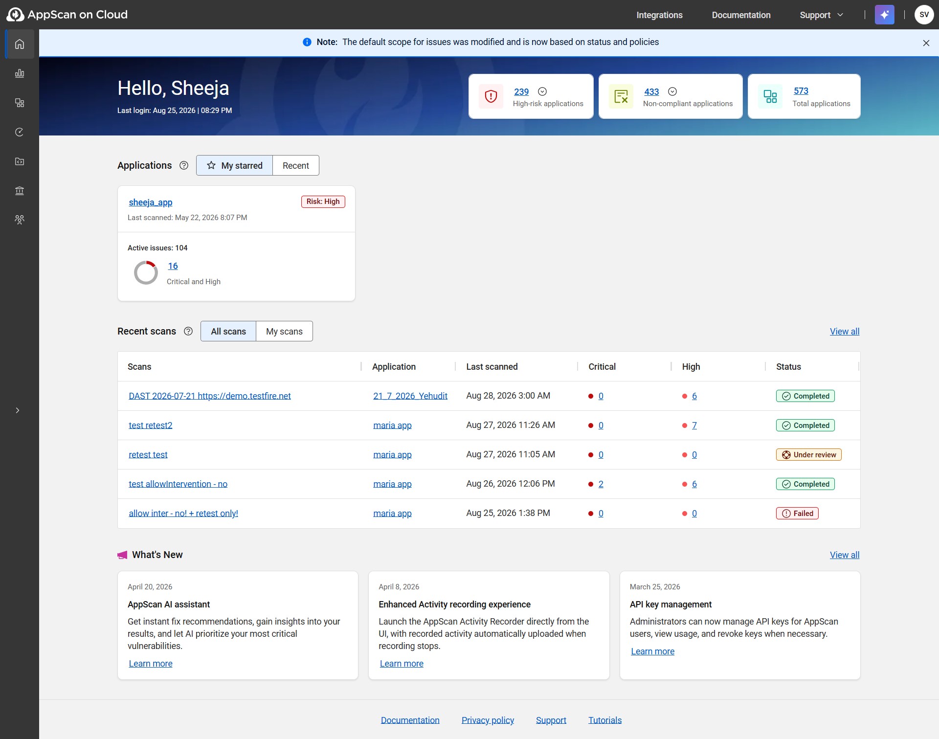 Home page showing recent applications and scans