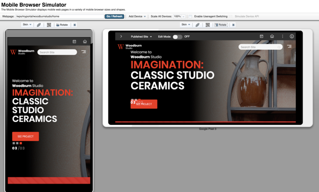 Using the Mobile Preview simulator to view site display on mobile devices